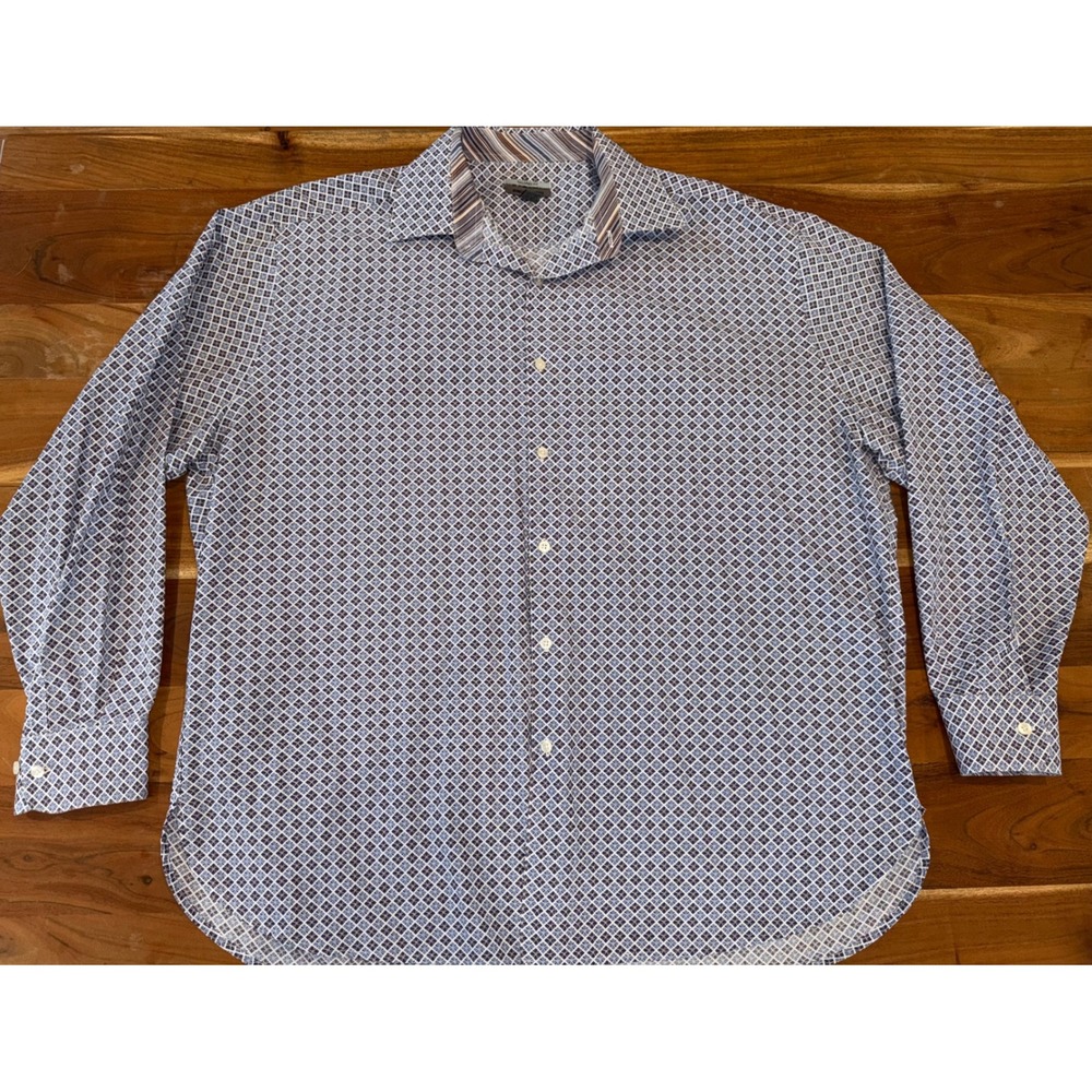 Johnston & Murphy Mens 2XL Tailored Fit Blue Geometric Button Down Shirt Cotton